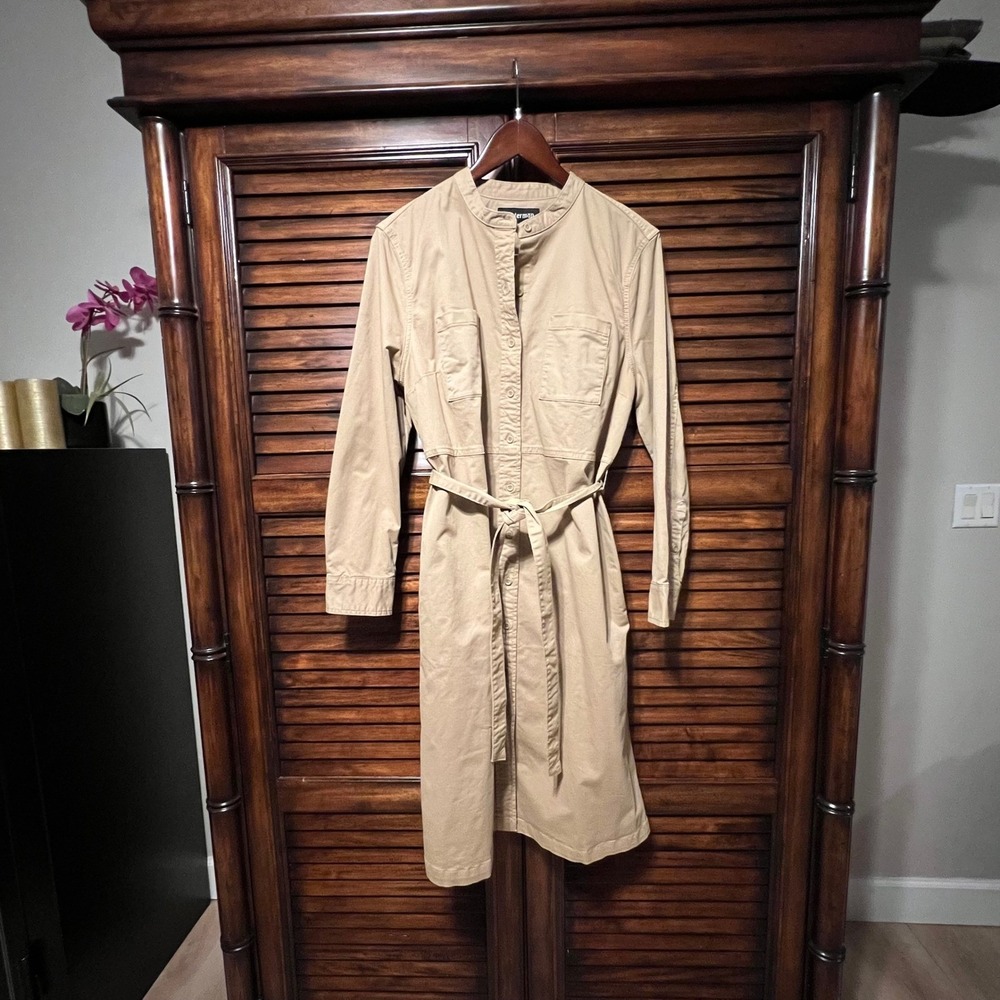 J. Peterman Khaki Tan Utility Shirt Dress XL Long Sleeve Belted Safari Midi
